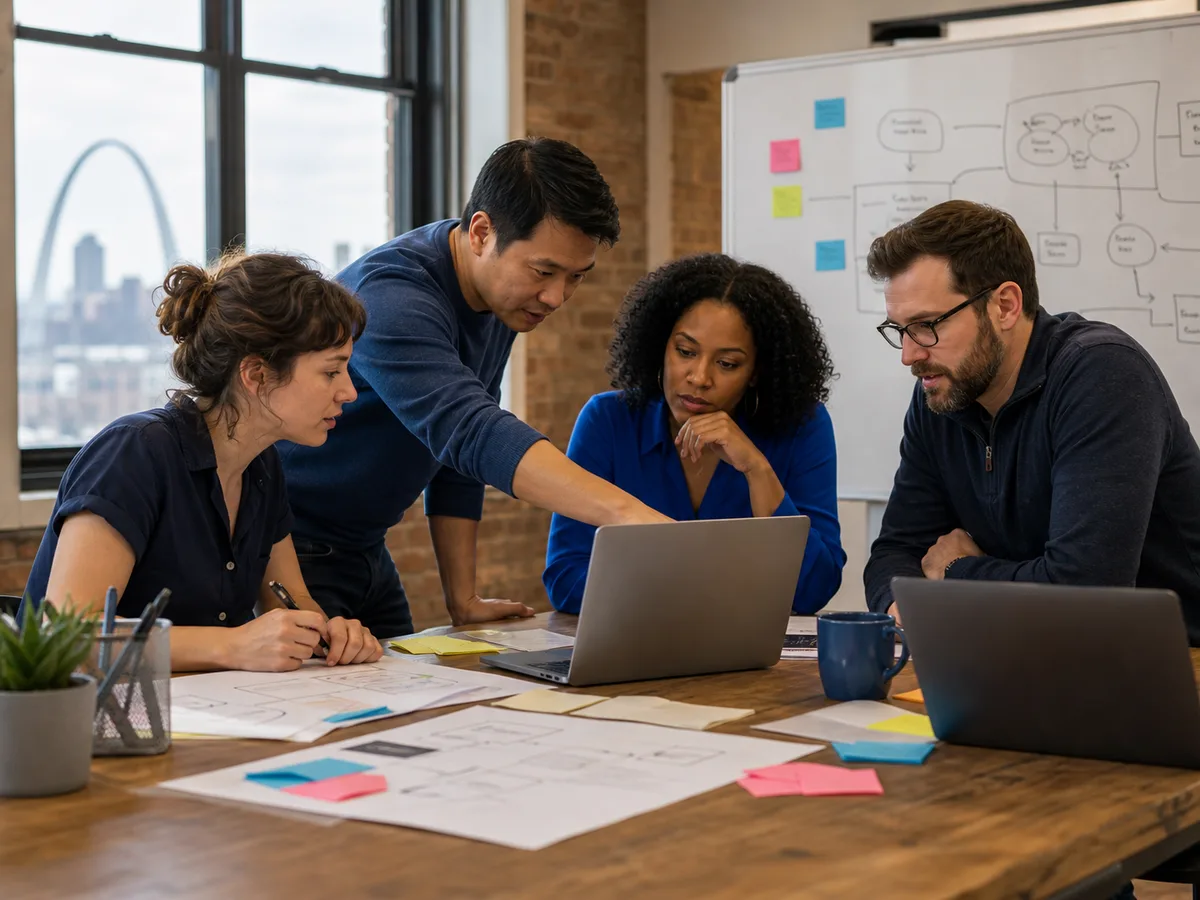 Illustration of a team collaborating around a laptop on a technology project